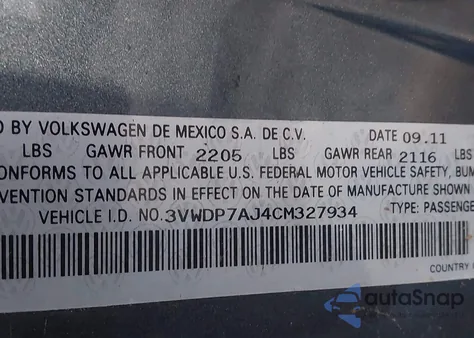 2012 Volkswagen Jetta 2.5L Se из США, поврежденный, VIN 3VWDP7AJ4CM327934